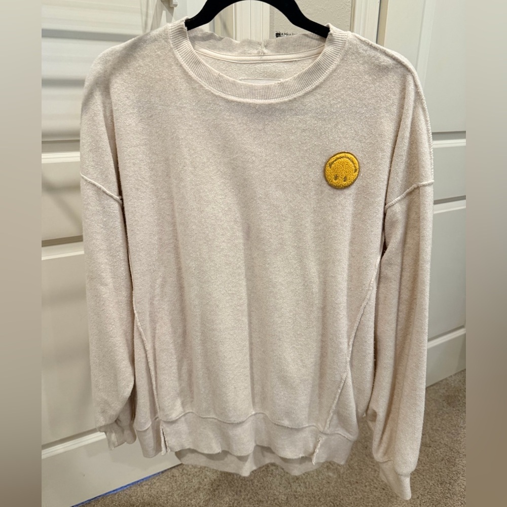 Aerie Cream Crewneck Sweater with Smiley Face Patch